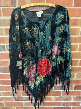 Velvet Floral & Peacock Feather Fringe Shawl - Teal & Red